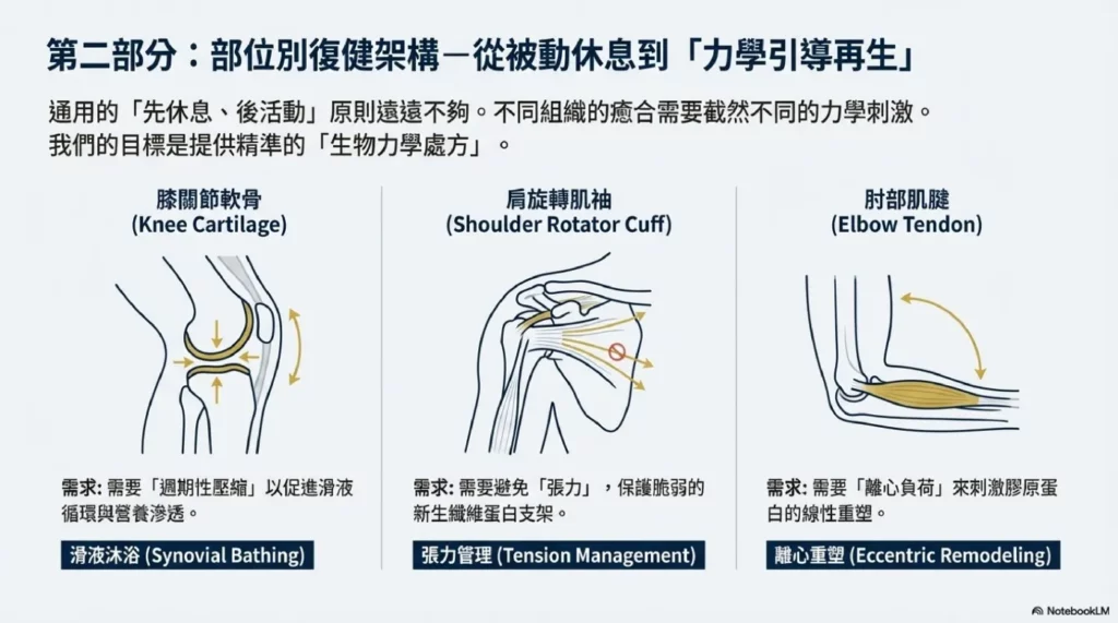 部位別復健架構:從「休息」到「力學引導再生」