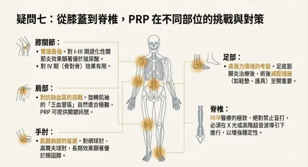 膝蓋、肩膀、手肘或脊椎,PRP 在不同部位的效果有差別嗎?