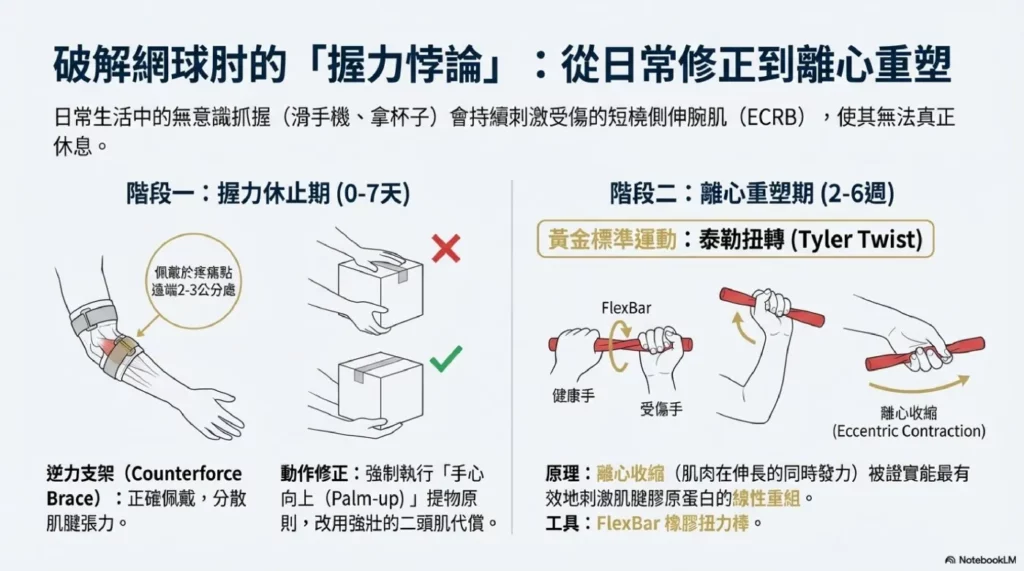 肘部(網球肘/外上髁炎):握力悖論與離心重塑