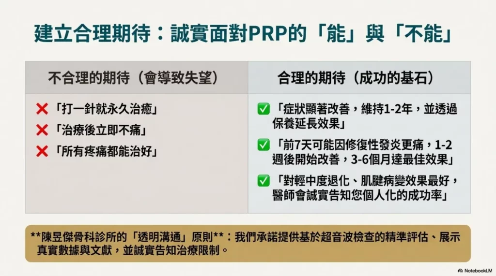 PRP 安全:長期追蹤與患者期待 9 建立合理的治療期待