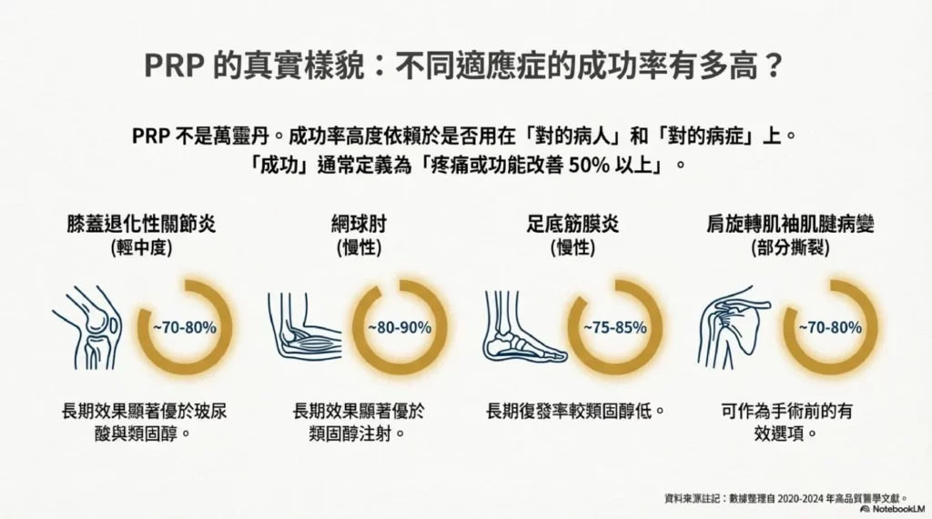PRP 治療:流程、恢復、照護 11 PRP不同適應症的成功率有多高