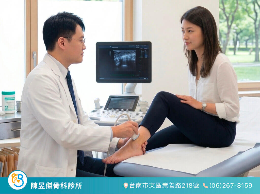 腳踝扭傷腫得像麵龜?超音波揪出韌帶撕裂,PRP與複合治療讓他重返球場 1 醫師正在為患者進行腳踝超音波檢查的側拍照